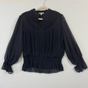 Joie Navy Blue Sheer Pleated Ruffle Long Sleeve V Neck Shirt Size L Size S